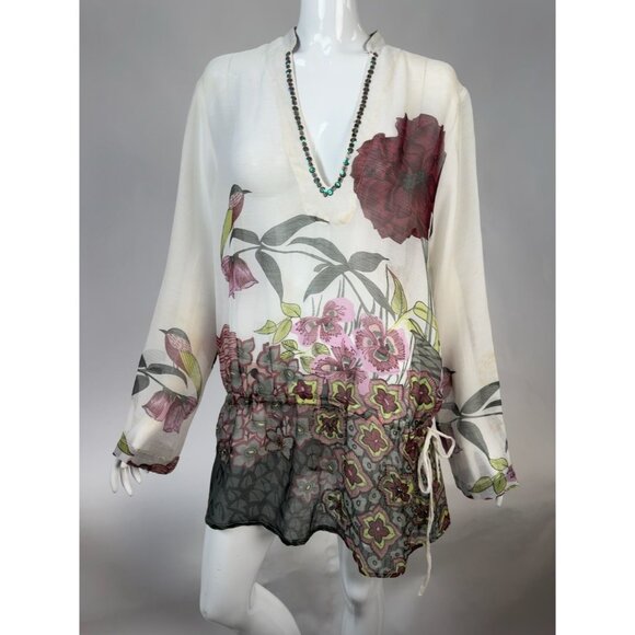 Yuka Beach Floral Embellished Chiffon Tunic Top L White Multicolor Lightweight - Picture 9 of 16